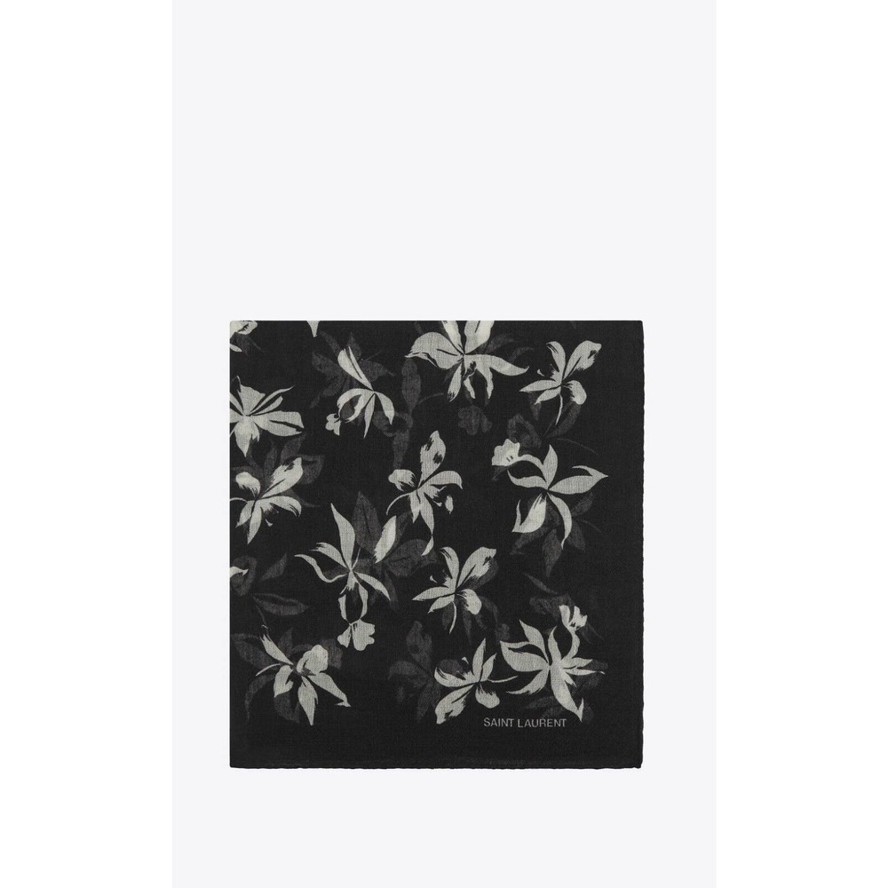 Yves Saint Laurent WOOLEN CHEESECLOTH SQUARE WITH WILD ORCHID PATTERN Black
